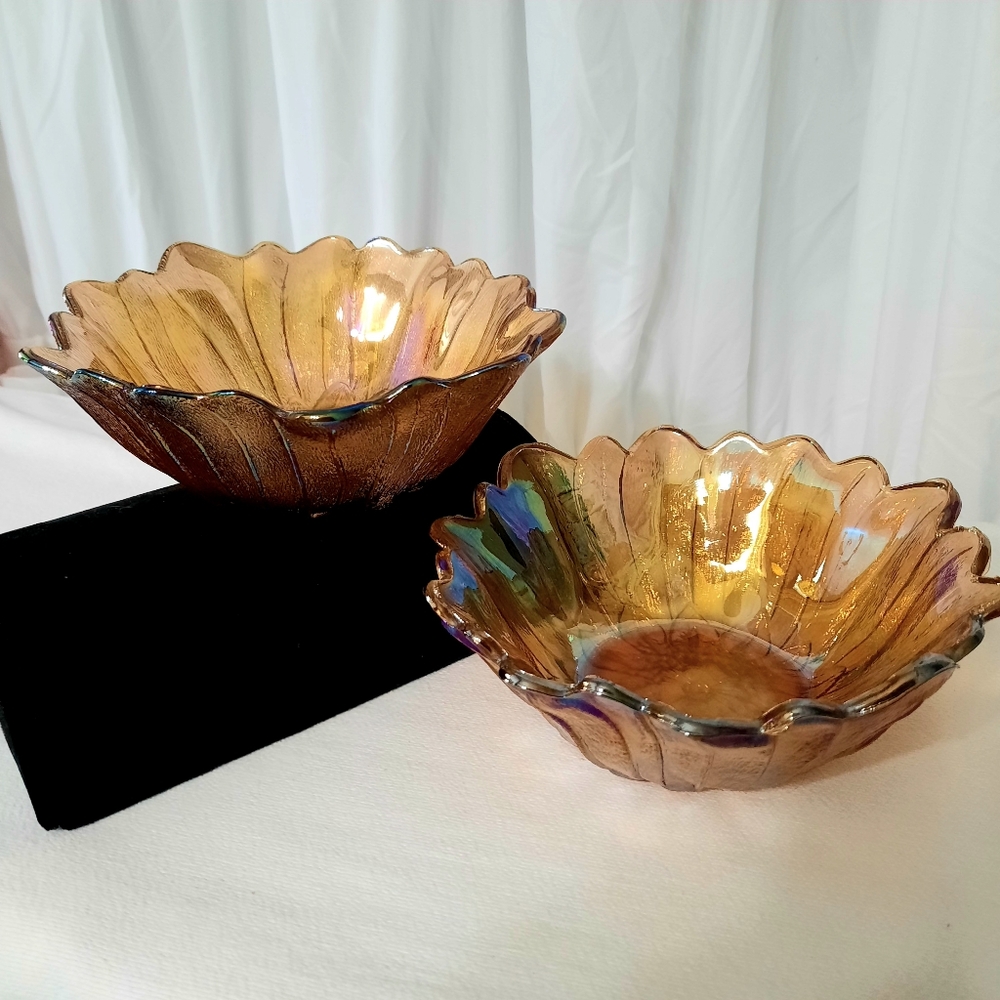 Carnival Glass Amber Serving Bowls Lot of 2 Indian Glass 7x7x3 Round
